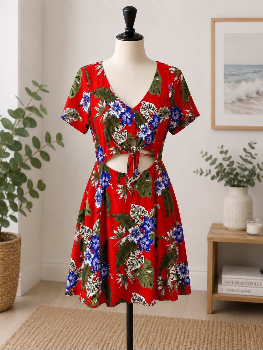 ASOS Red Tropical Floral Mini Dress with Blue & Green Accents